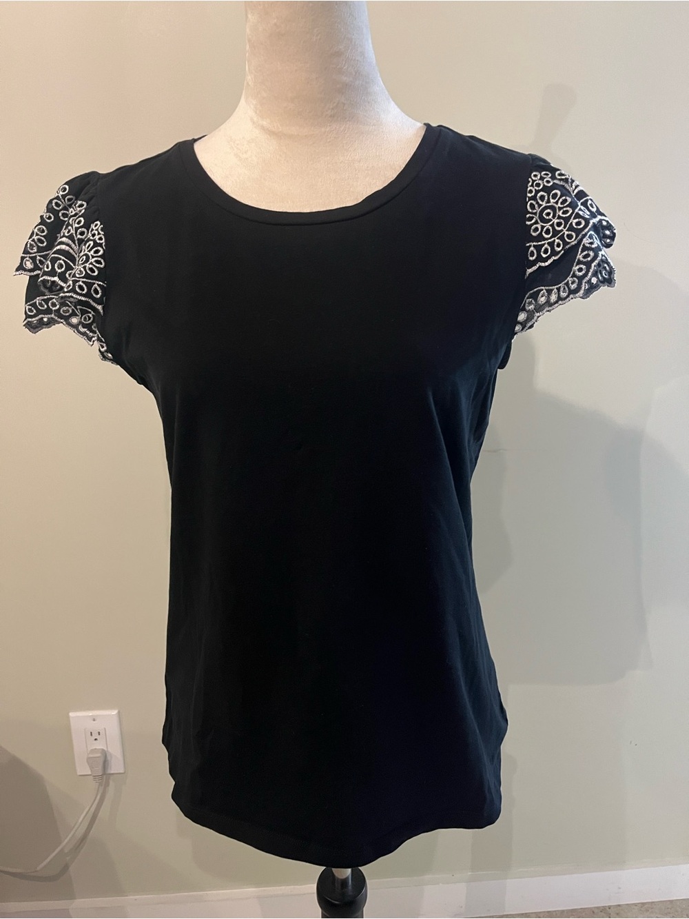 Ann Taylor Factory Black Tee with White Embroidered Cap Sleeves